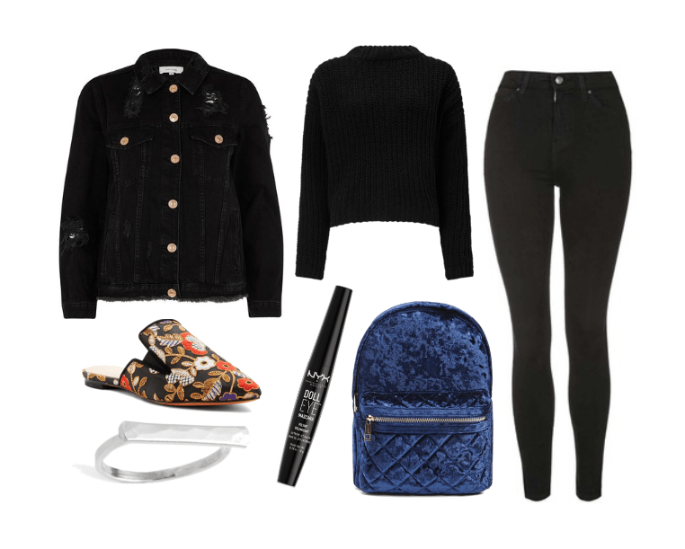 Holiday outfit: Black jeans, black sweater, black denim jacket, floral slip-on loafers, navy blue velvet backpack