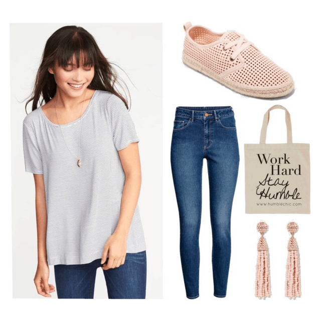 Polyvore set including: a girl with brown hair wearing a striped shirt, necklace and jeans, a pair of high-waisted jeans, a bag with a quote on it, espadrille sneakers, and tassel earrings.