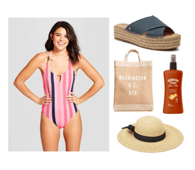 Polyvore set including: a girl brunette wearing a striped bikini, a pair of denim platform espadrilles, a burlap bag with writing on it, tanning lotion, and a sun hat.