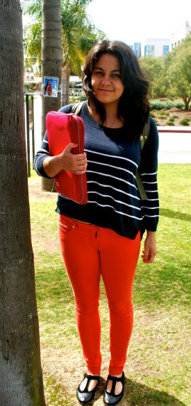 Looks on Campus: Crystal from Loyola Marymount University in red jeans and a striped sweater