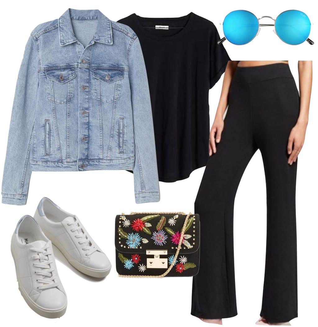 Lorena Rae Outfit: denim jacket, black crewneck t-shirt, black wide leg pants, round blue mirrored sunglasses, a black embroidered shoulder bag, and white low-top sneakers