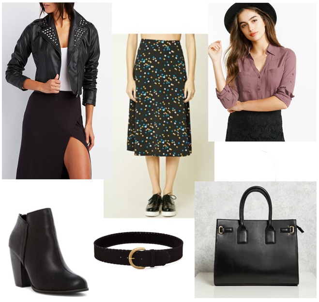 Outfit inspired by Louis Vuitton Fall 2017: Patterned skirt, studded moto jacket, brown button-down, black boots