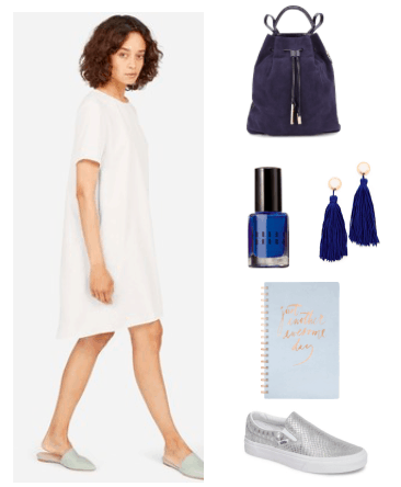 Little white dress outfit idea for daytime -- college outfit idea: White t-shirt shift dress, navy suede backpack, cute rose gold notebook, navy blue tassel earrings, cobalt nail polish, silver slip-on sneakers