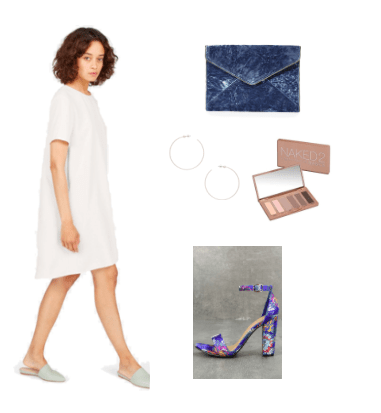 Little white dress outfit idea for night -- party outfit idea with white t-shirt dress, printed single strap heels, Naked 2 palette for smokey eye, hoop earrings, envelope clutch