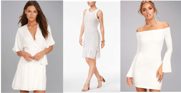 Little white dresses: V-neck wrap dress with kimono sleeves, sleeveless white tank dress with fringe, off-the-shoulder bodycon dress in white