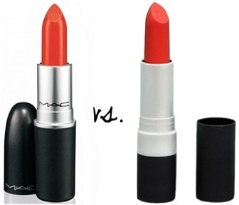 MAC lipstick in Russian Red vs. Revlon matte lipstick in Really Red