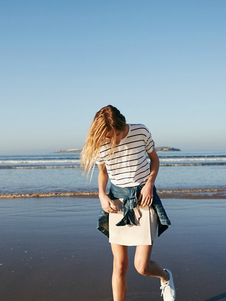 madewell stripe tee skirt denim jacket