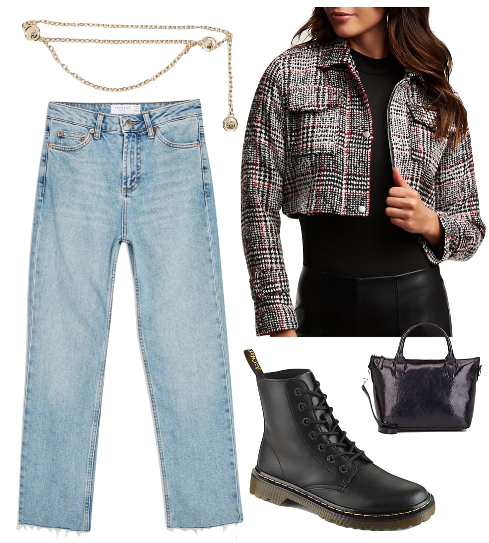 Madison Beer Outfit: plaid blazer, white t-shirt, high-rise straight leg jeans, silver hoop earrings, white dad sneakers