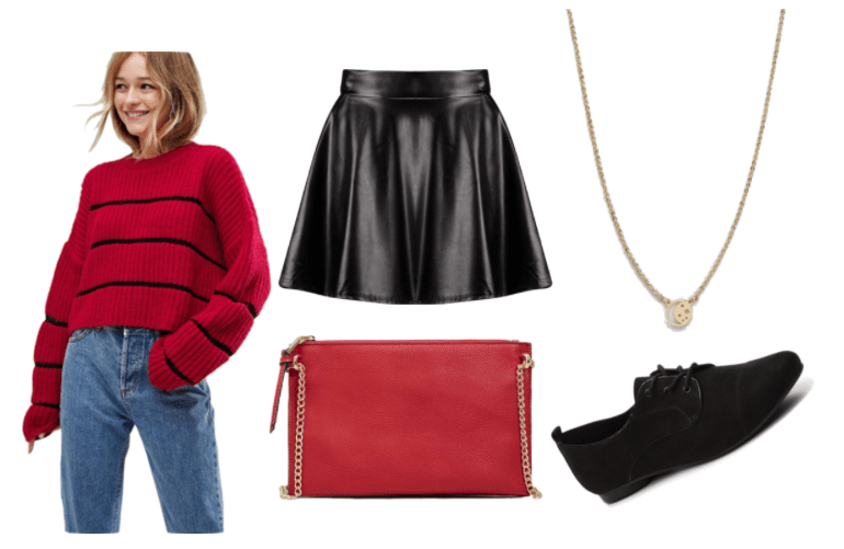 Outfit inspired by Mae from Night in the Woods: black leather skirt, moon and sun necklace, black oxfords, red crossbody, red and black striped sweater