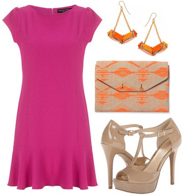 Magenta dress, orange earrings, printed clutch