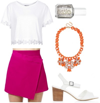 Magenta skirt, white blouse, orange necklace