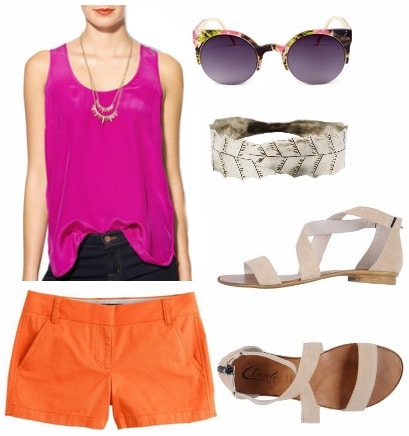 Magenta tank orange shorts sandals