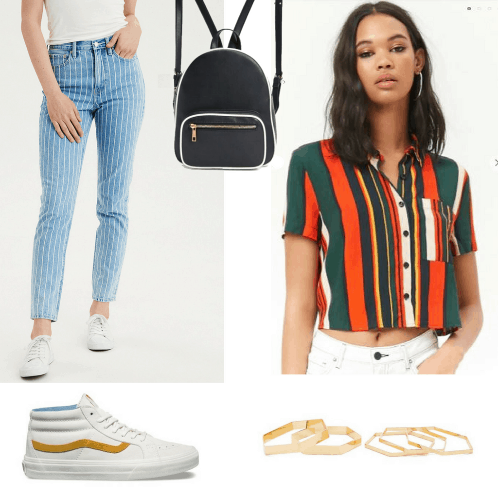 Pairing Stripes With Stripes: Striped High-Waisted Jeans; Multi-Colored Striped Shirt; Mini Backpack; Classic White Mid-Top Vans; Geometric Bangles