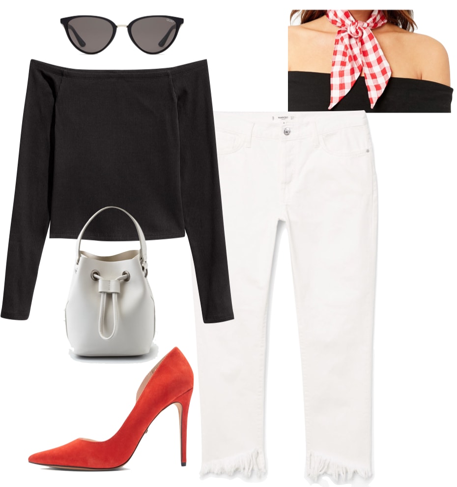 Maisie Williams Outfit: black off the shoulder long sleeve top, black cat-eye sunglasses, red and white gingham print neck scarf, cropped white raw hem jeans, a white bucket bag, and red pointy-toe pumps