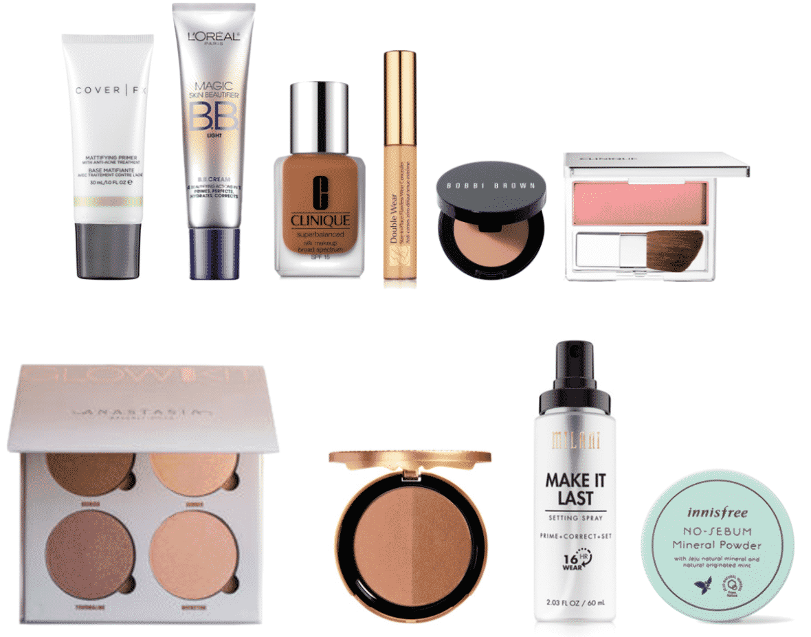 Cover FX Mattifying Primer with Anti-Acne Treatment, L'Oreal Paris Magic Skin Beautifier B.B. Cream in "Light," Clinique Superbalanced Silk Makeup Broad Spectrum SPF 15 in "Silk Cocoa," Estée Lauder Double Wear Stay-in-Place Flawless Wear Concealer, Bobbi Brown Corrector in "Bisque," Clinique Blushing Blush Powder Blush in "Cupid," Anastasia Beverly Hills Sun Dipped Glow Kit, Too Faced Sun Bunny Natural Bronzer, Milani Make It Last Setting Spray Prime + Correct + Set, Innisfree No-Sebum Mineral Powder