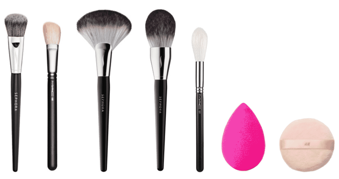 SEPHORA COLLECTION Pro Flawless Airbrush (make-up brush) #56, MAC 168 Large Angled Contour Brush, SEPHORA COLLECTION PRO Featherweight Fan Brush #92, SEPHORA COLLECTION PRO Featherweight Powder Brush #91, MAC 137 Long Blending Brush, beautyblender original makeup sponge applicator (hot pink), H&M Luxe Powder Puff in pale pink