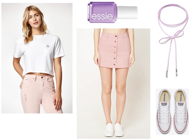 Mamamoo Yes I Am Music Video Fashion: Cute outfit idea with a pink button-front mini skirt, white cropped tee shirt, purple nail polish, purple wrap choker, white lace-up sneakers