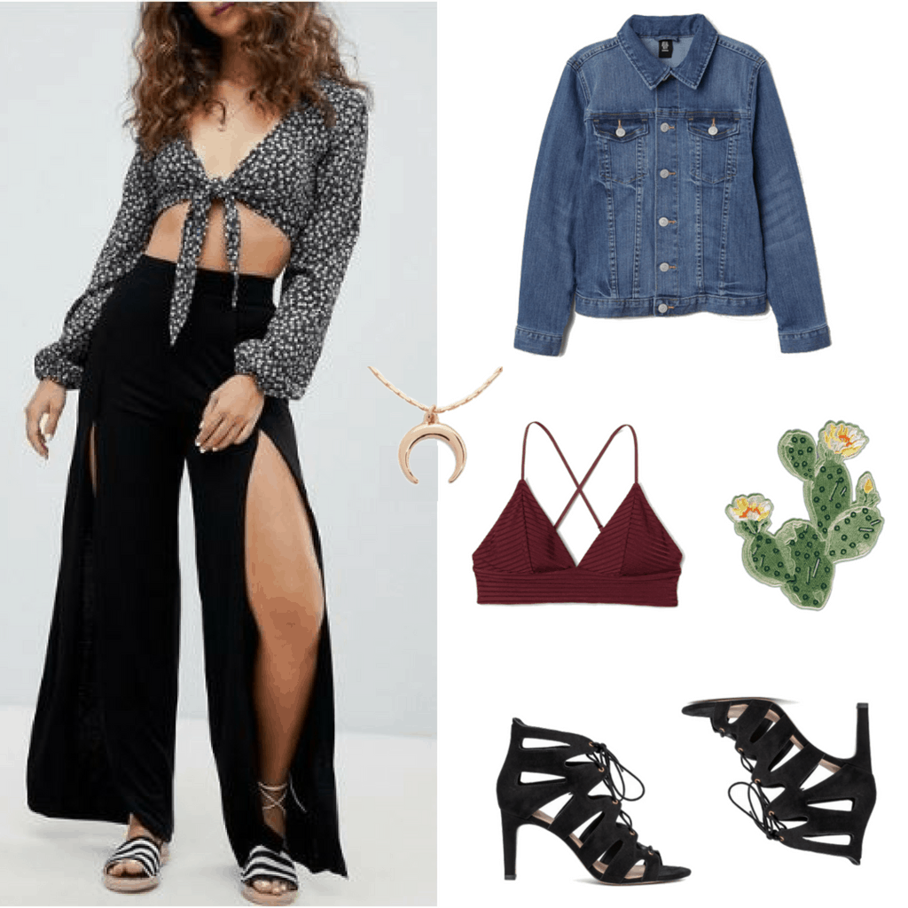 Get the look from Young Donna in Mamma Mia! Here We Go Again: Burgundy Bralette; Demin Jacket; Cactus Iron-On Patch; Open-Leg Black Palazzo Pants; Rose Gold Moon Pendant;  Tie-Up heels