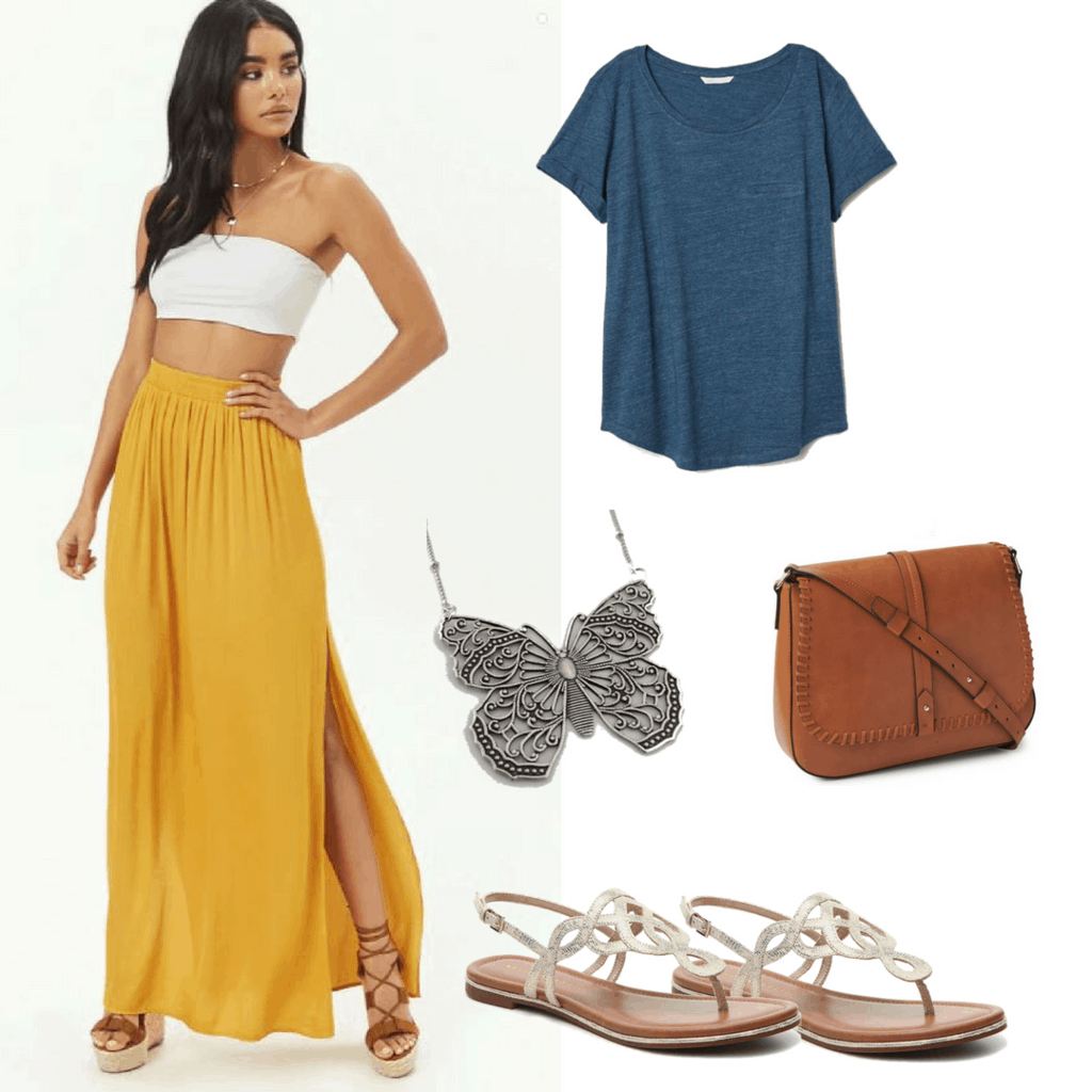 Get the look from Young Donna in Mamma Mia! Here We Go Again: Yellow Maxi Skirt; Blue Knotted Shirt; Traveler's bag; Butterfly Necklace; Metallic Sandles