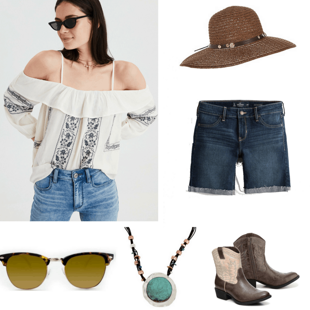 Get the look from Young Donna in Mamma Mia! Here We Go Again: Exposed Shoulder Blouse; Woven Floppy Hat; Boy Shorts; Cowgirl Boots; Turquoise Pendant; Over-sized Sunglasses