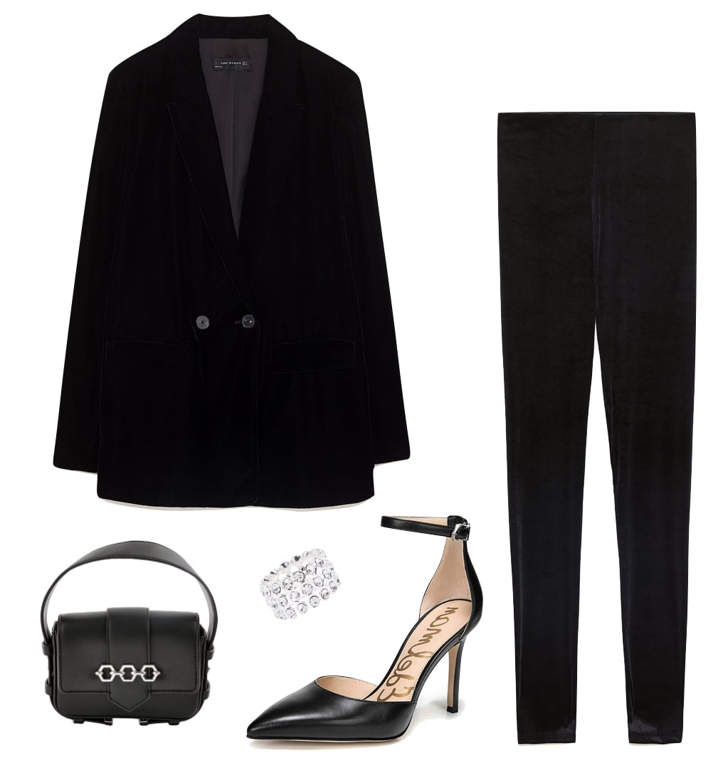 Mandy Moore Outfit: black velvet blazer, black velvet leggings, black ankle strap pointy-toe pumps, rhinestone ring, black mini handbag