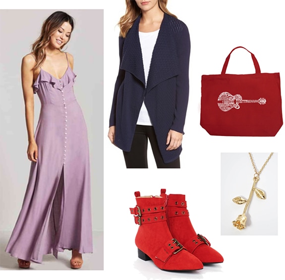 Caroline Forbes x Marceline the Vampire Queen outfit with purple maxi dress, cozy oversized navy sweater, bright red ankle boots, rose necklace, guitar tote bag