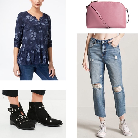 Marceline the Vampire Queen x Caroline Forbes outfit with Flowy long sleeve blouse, ripped boyfriend jeans, buckled ankle boots, pink crossbody bag