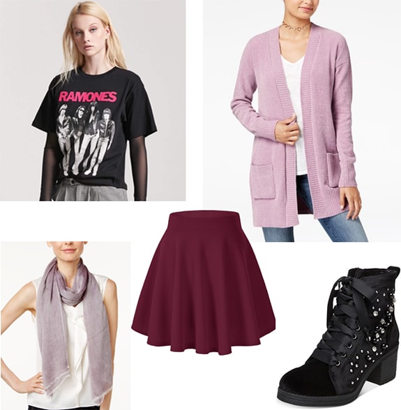 Marceline the Vampire Queen x Caroline Forbes outfit 4: Ramones tee shirt, mauve cardigan, light purple scarf, burgundy mini skirt, studded ankle boots