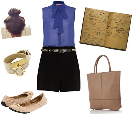 Fashion inspired by Marie Curie: Shorts, blouse, flats, tote, timeteller bracelet, notebook