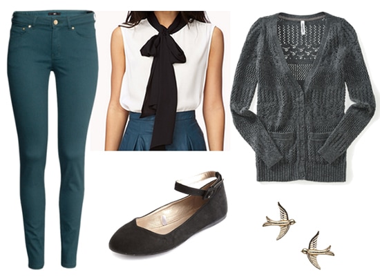 Marie laurencin outfit - colored skinnies, bow blouse, cardigan