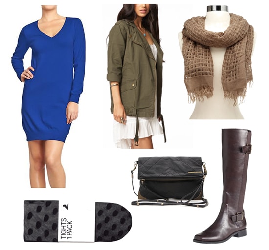 Marie laurencin outfit - sweater dress, olive jacket, riding boots