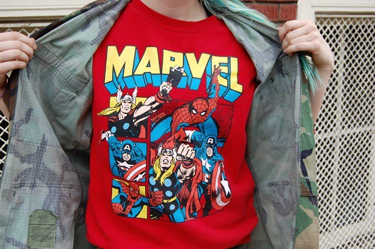Marvel tee and camo jacket