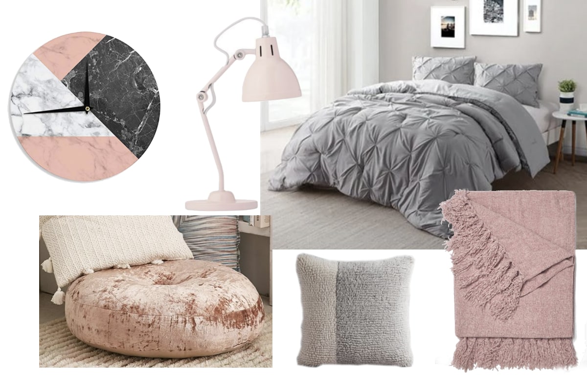 Calm mauve and grey dorm room inspiration shopping guide with pieces from Target, Amazon, and Urban Outfitters.