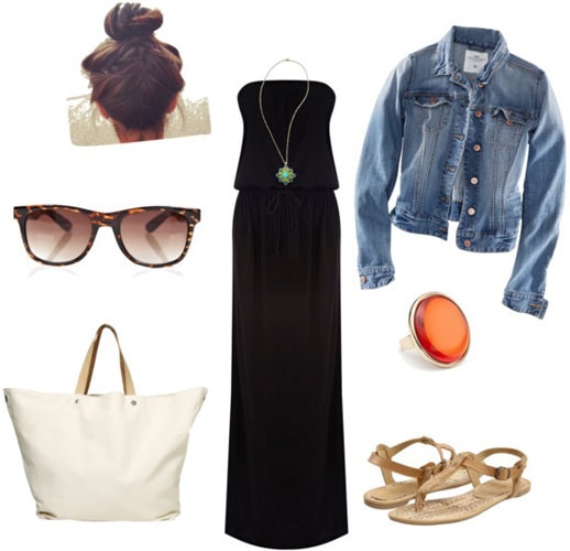How to wear a black maxi dress with a jean jacket, sunglasses, simple flat sandals and a white tote