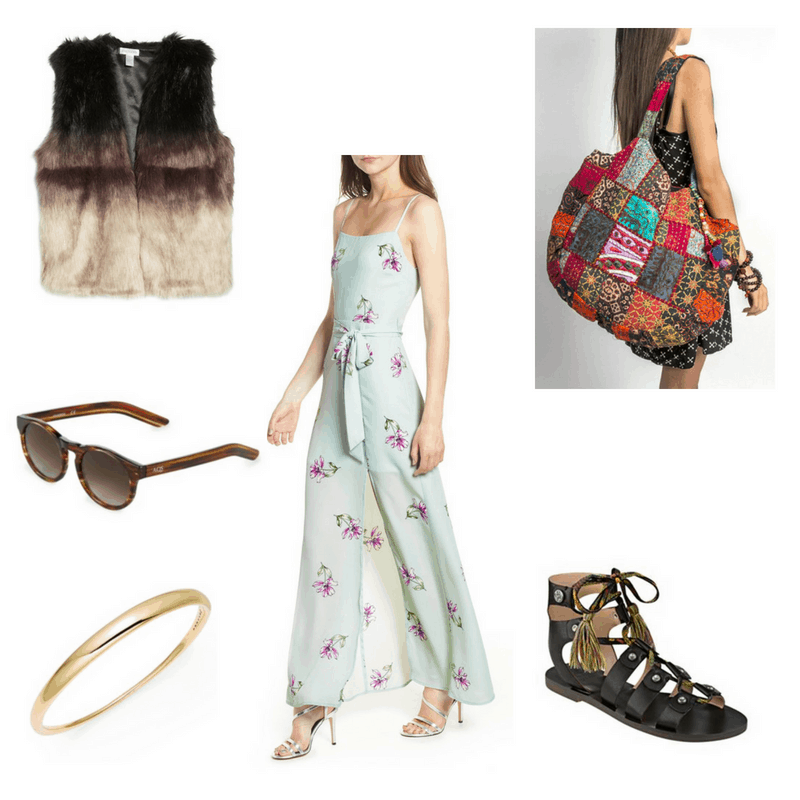 Outfit with floral maxi dress, ombre faux fur vest, tassel gladiator sandals, sunglasses, bangle, and big colorful tote