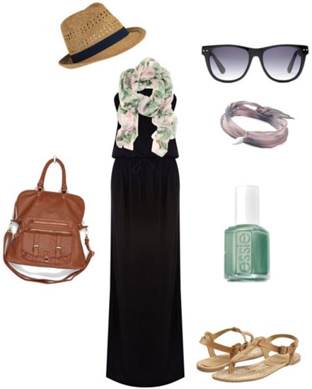 How to wear a black maxi dress with a green and white printed scarf, fedora hat, sunglasses, brown tote bag and sandals