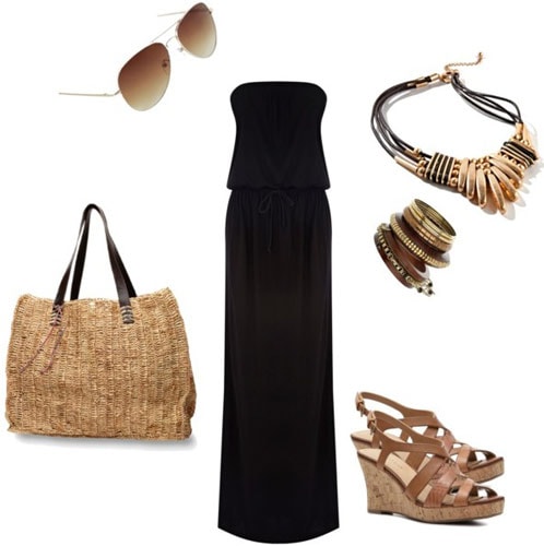 How to wear a black maxi dress with a woven beach bag, wedge sandals, statement jewelry and aviator sunglasses