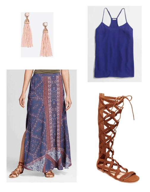 Cute outfit idea for summer: Pink and blue patterned maxi skirt, royal blue cami, knee-high gladiator sandals, pink tassel earrings