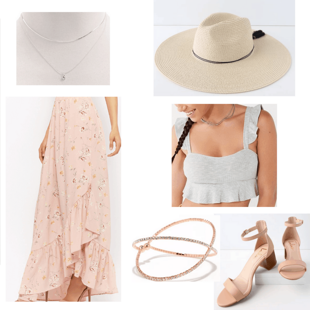 silver necklace, pink floral maxi skirt, floppy hat, grey crop top, rose gold bracelet, beige heels