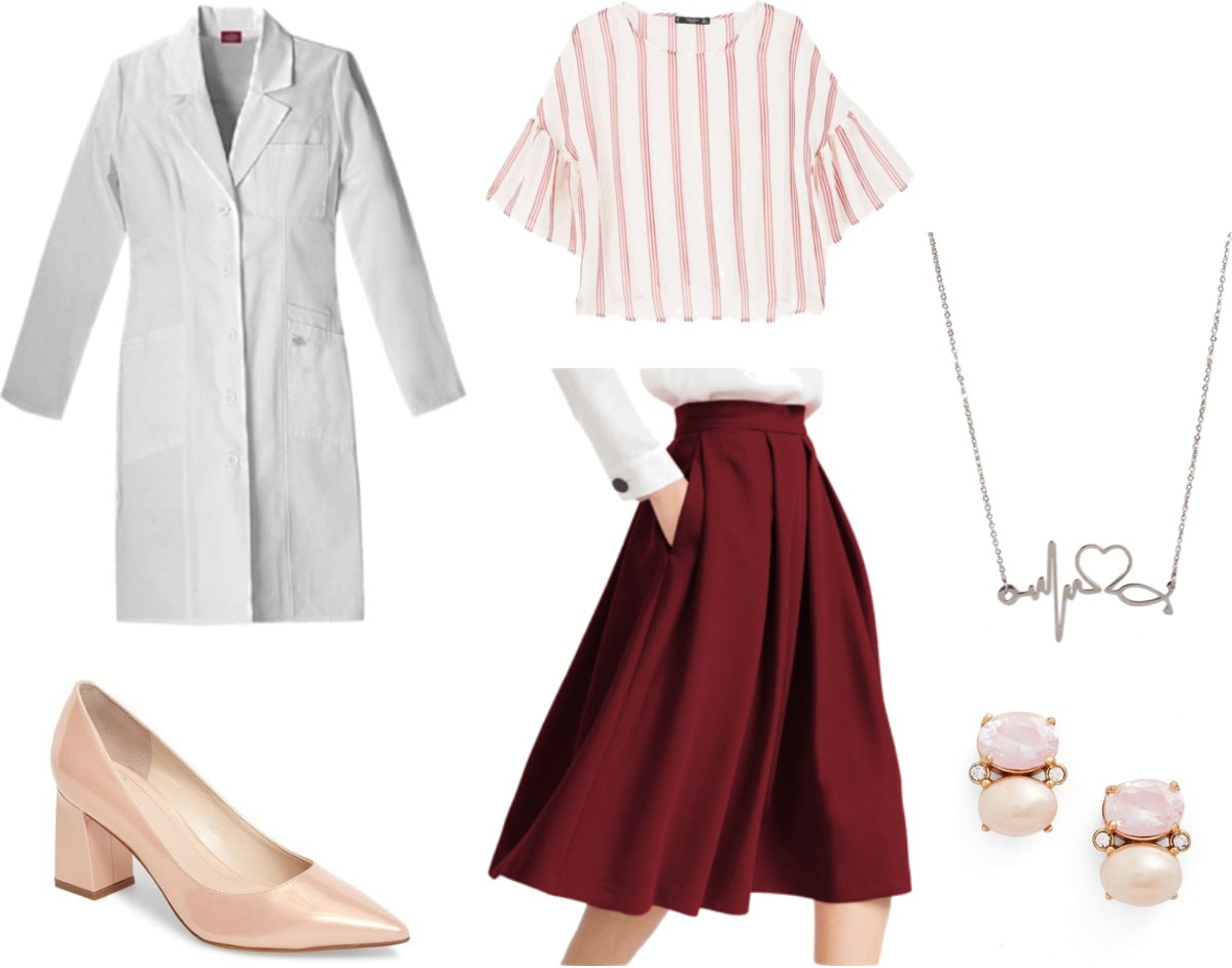 Medicine white coat outfit: Burgundy midi skirt, striped blouse, nude shiny pointed toe heels, medicine necklace, pearl earrings