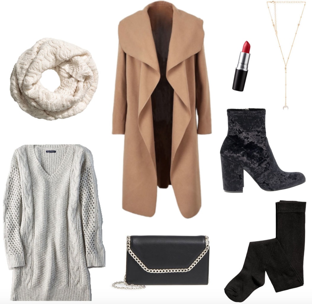 What to wear to dinner with a significant other's parents: Boyfriends parents meet the parents dinner outfit with gray sweater dress, camel coat, knit infinity scarf, velvet ankle booties, chain strap bag, tights, red lipstick, lariat necklace