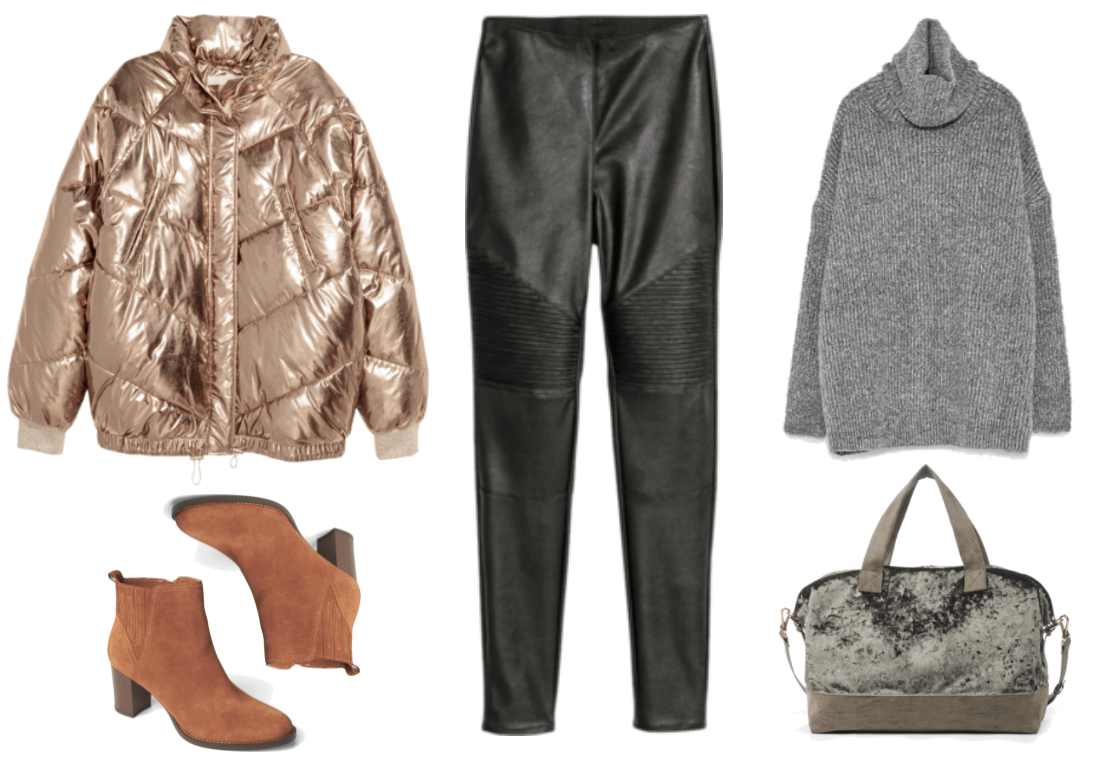 Gold metallic puffer jacket with elasticized bottom, cognac-brown block-heel ankle boots, black faux leather motorcycle-detail leggings, oversized gray roll-neck sweater, oversized moss-green velvet weekender bag