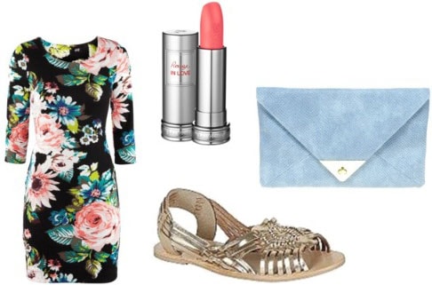 How to wear metallic sandals with a floral long sleeve mini dress, light blue clutch, and lipstick for a night out