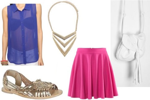 How to wear metallic sandals with a hot pink skirt, sheer blue sleeveless blouse, necklace, and white cross-body bag