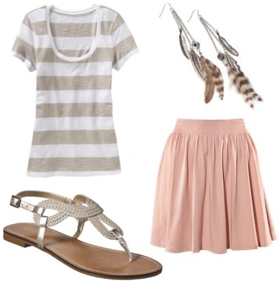 How to wear metallic sandals with a pink skirt and tee shirt