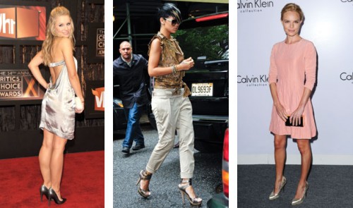 Kristen Bell, Rihanna, and Kate Bosworth in metallic shoes