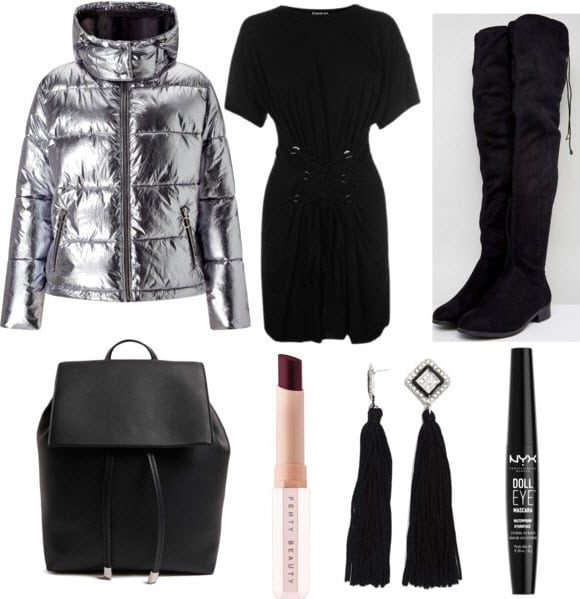 Silver metallic puffer with black corset dress, black over the knee boots, black backpack, Griselda lipstick, black tassel earrings, and black mascara.