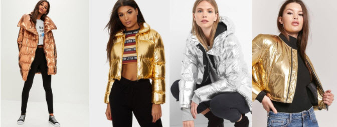 Rose gold metallic puffer, gold metallic puffer, silver metallic puffer from Forever 21, Pretty Little Thing, GAP, & Miss Guided.