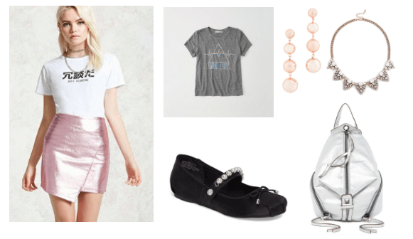 Metallic skirt outfit for class: Pink metallic wrap skirt with gray graphic tee, black mary jane flats with pearl detail, drop earrings, statement necklace, silver metallic zip backpack