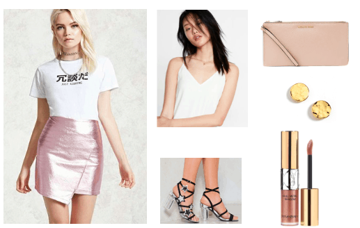 Metallic skirt outfit for night out: Pink metallic wrap skirt with white v-neck tank, black wrap sandals with clear heels and glitter stars, nude liquid lipstick, round gold necklace, rose pink clutch
